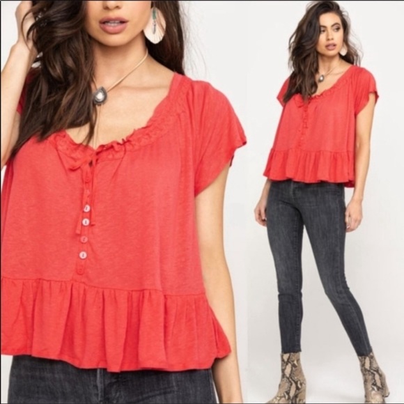 Free People Ruffled Red Henley Blouse - Picture 1 of 9